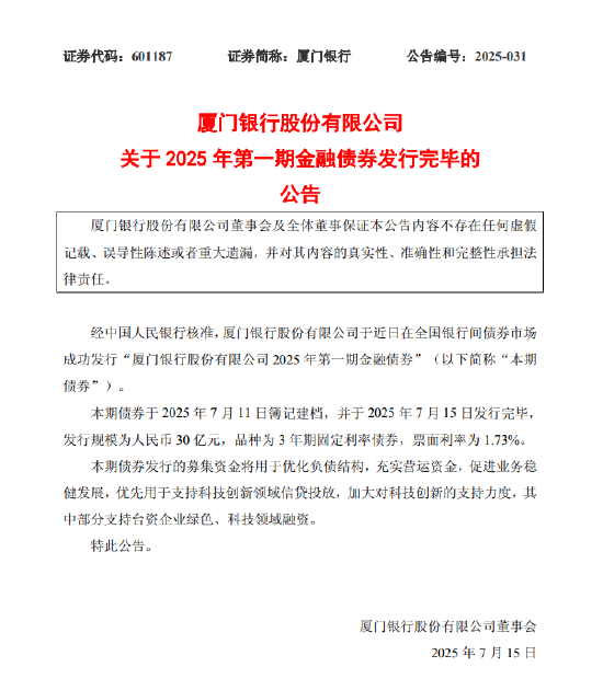 策略操盘 厦门银行：30亿元金融债券发行完毕